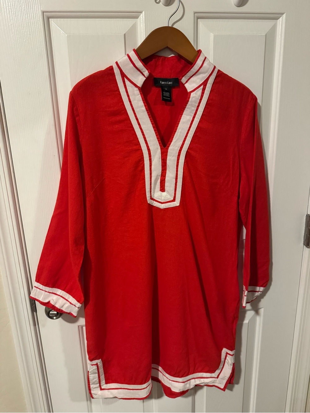 Karen Kane St. Tropez Red V-Neck Tunic Dress with White Trim